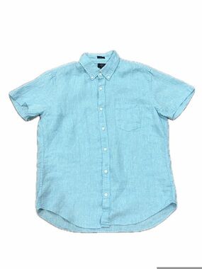 J.Crew Factory Linen Slim Short Sleeve Button Down Shirt Size L Coastal Preppy